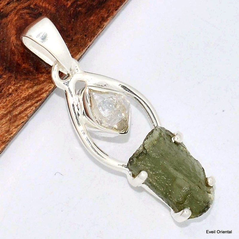 Pendentif Moldavite et Diamant d'Herkimer 