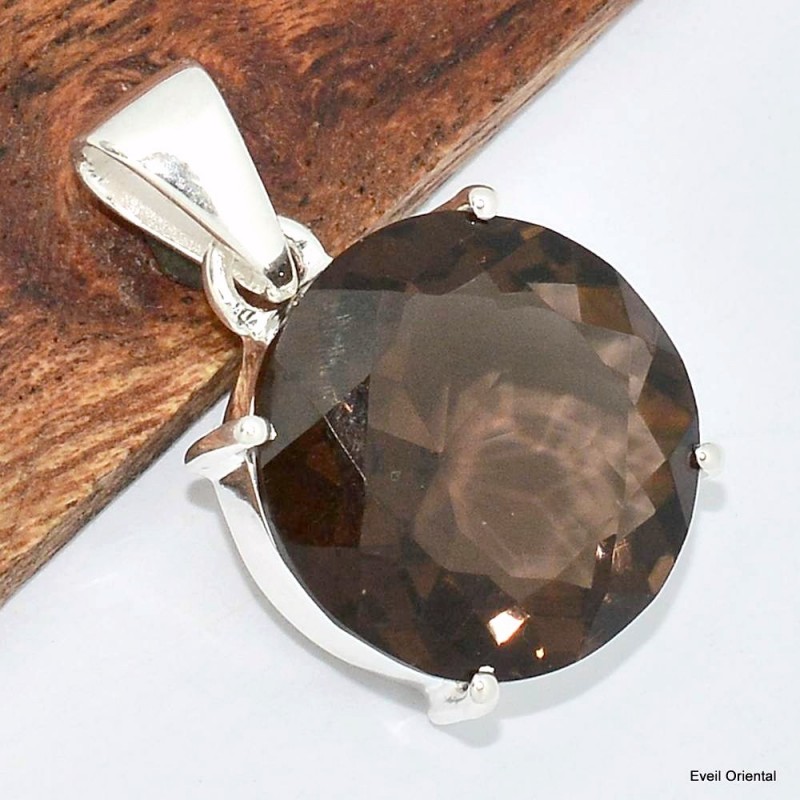 Pendentif rond en Quartz fumé facetté 