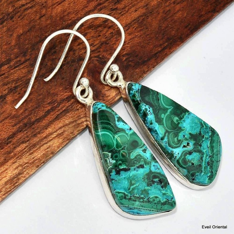 Boucles d'oreilles Malachite sur Chrysocolle forme libre 