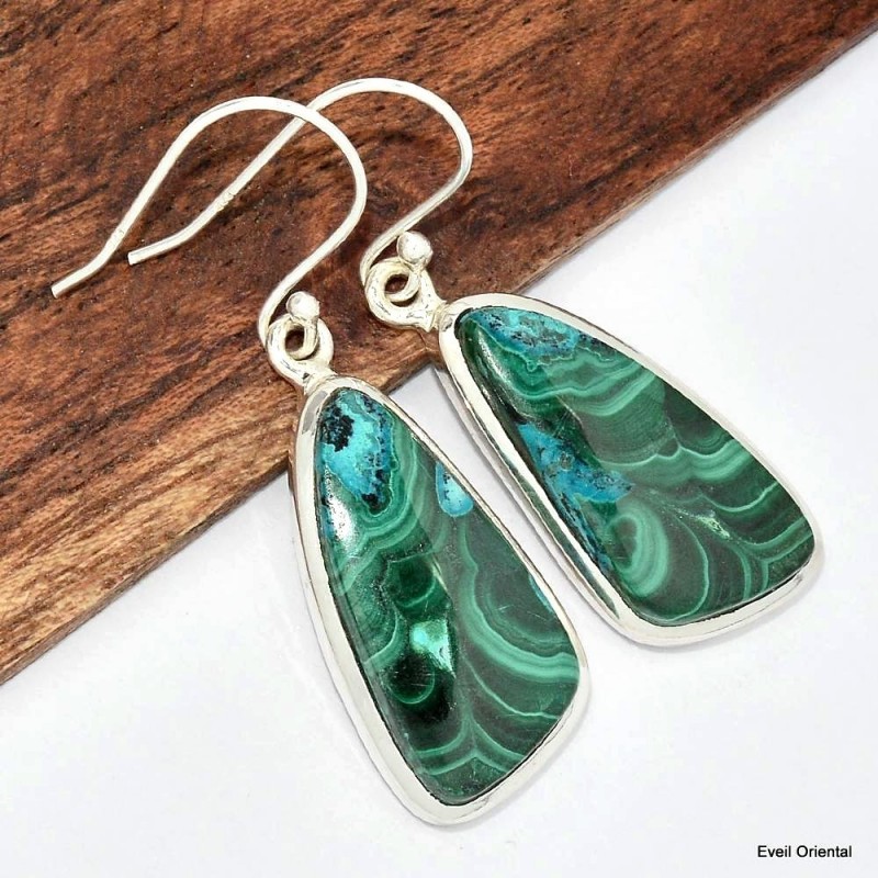 Boucles d'oreilles pendantes Malachite sur Chrysocolle 