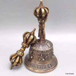 Cloche et dorjé tibétain bronze plaqué or 18 cm 