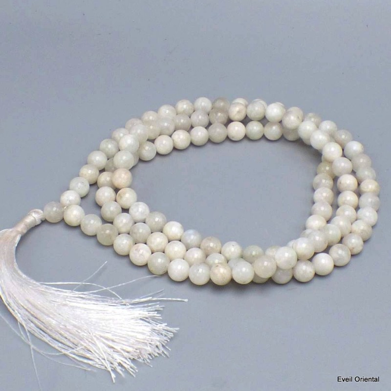 Collier mala tibétain Pierre de lune blanche 