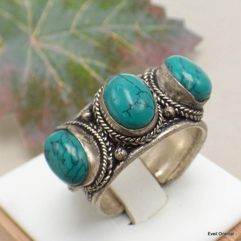 Bague tibétaine trois Turquoise Bagues tibétaines bouddhistes ref 32