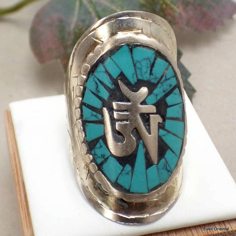 Bague tibétaine Symbole Om en turquoise Bagues tibétaines bouddhistes REF 4181