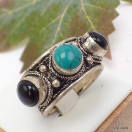 Bague tibétaine 3 pierres Turquoise Onyx T 56 à 60 Bagues tibétaines bouddhistes 5097.3