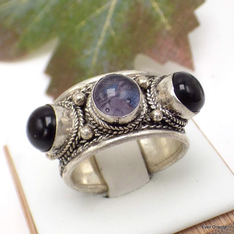 Bague tibétaine Améthyste Onyx Bagues tibétaines bouddhistes 5097.6