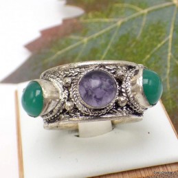 Bague tibetaine Amethyste Onyx vert Bagues tibétaines bouddhistes 5097.9