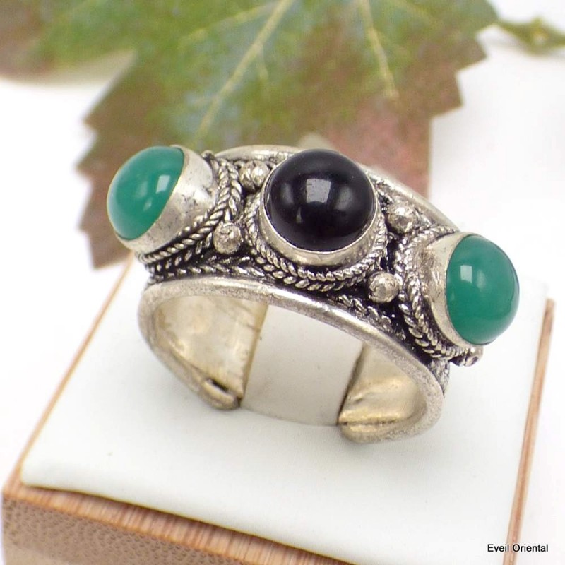 Bague tibetaine Onyx vert et noir Bagues tibétaines bouddhistes 5097.10