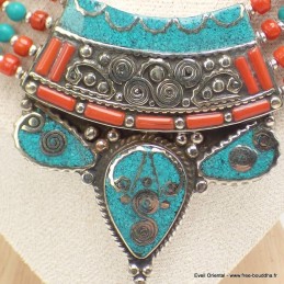 Collier traditionnel népalais turquoise corail 