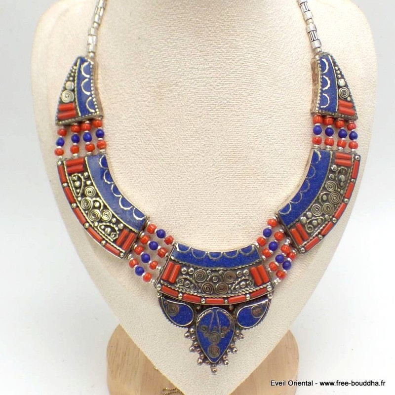 Collier tibetain femme lapis corail 