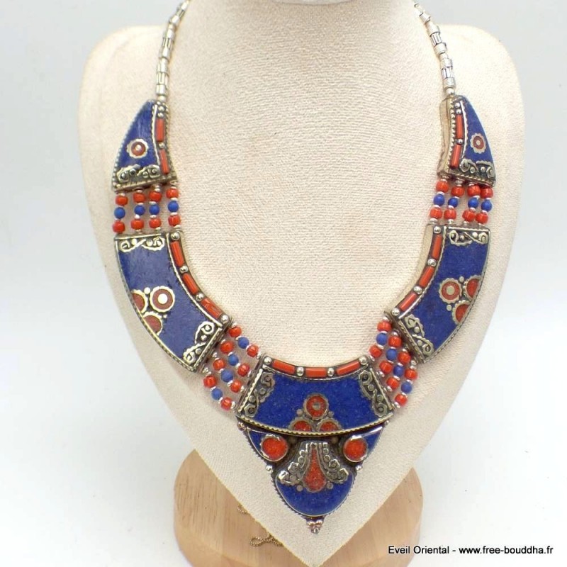 Collier tibetain femme couleur lapis corail 