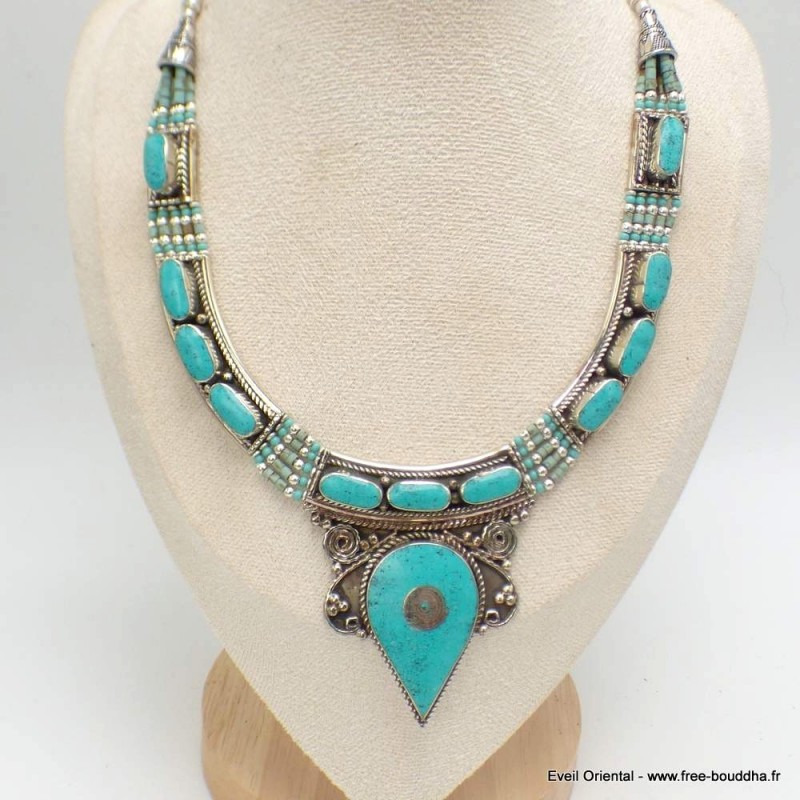 Gros collier tibétain couleur turquoise 