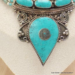 Gros collier tibétain couleur turquoise 