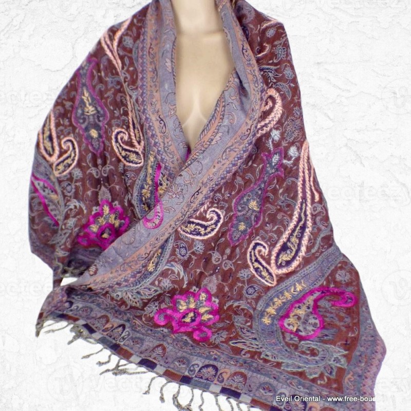 Pashmina châle laine marron bleue 