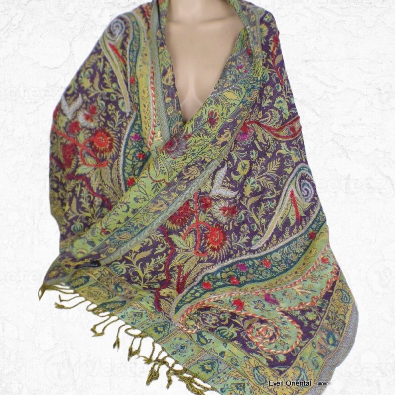 Pashmina châle laine violet vert 