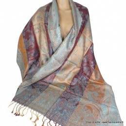 Pashmina femme en soie marron bleu 