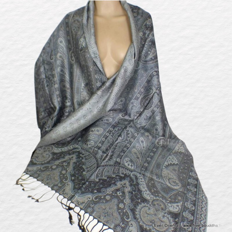 Pashmina femme en soie gris bleuté 