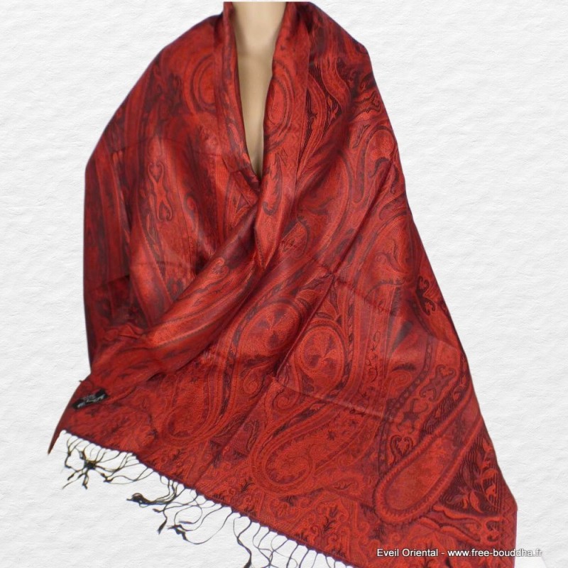 Pashmina femme en soie rouge sang noir 