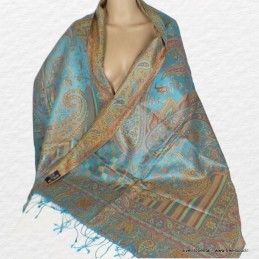 Pashmina soie turquoise petits carreaux 