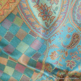 Pashmina soie turquoise petits carreaux 