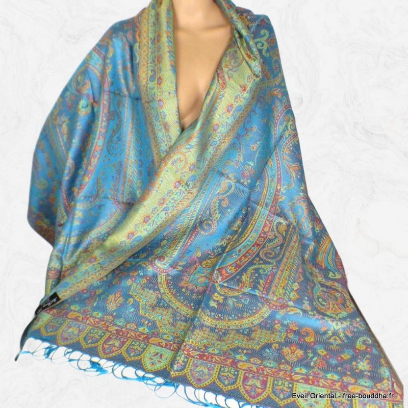 Pashmina femme pure soie turquoise bordeau 