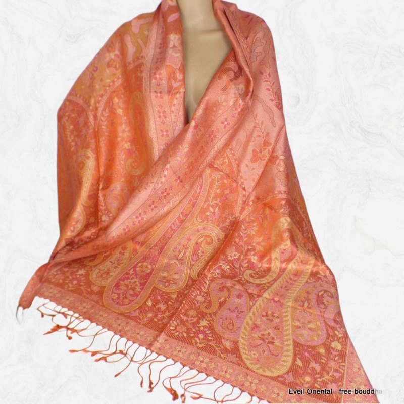 Pashmina femme pure soie orange rose 