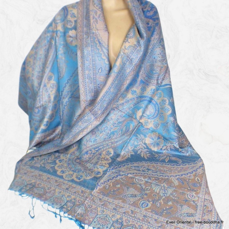 Pashmina femme pure soie bleu or 