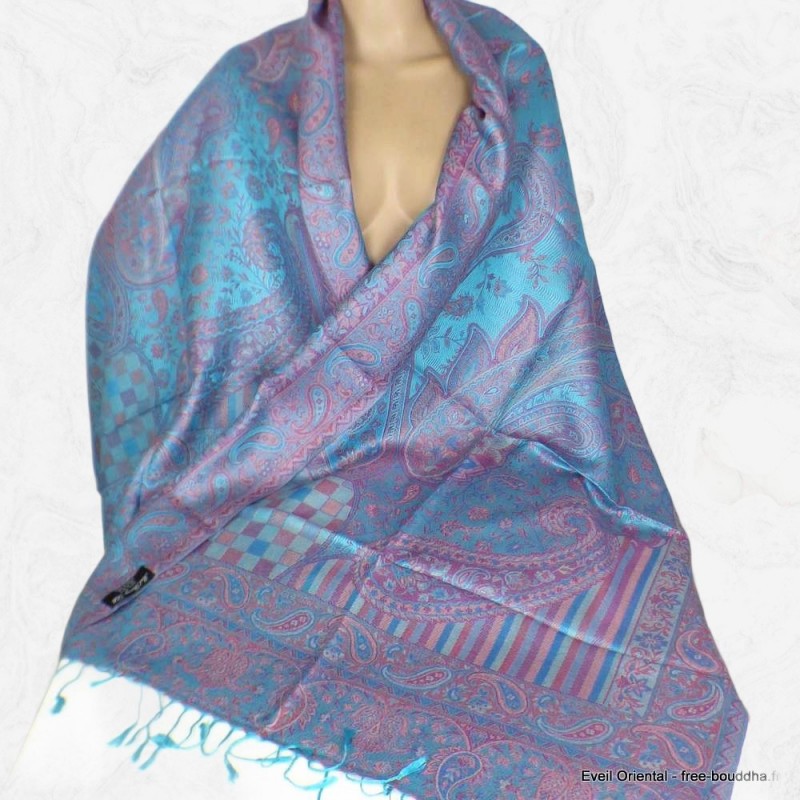 Pashmina femme en soie turquoise bordeau 