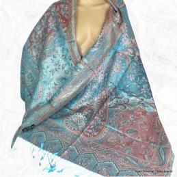 Pashmina soie de mûrier turquoise rose 