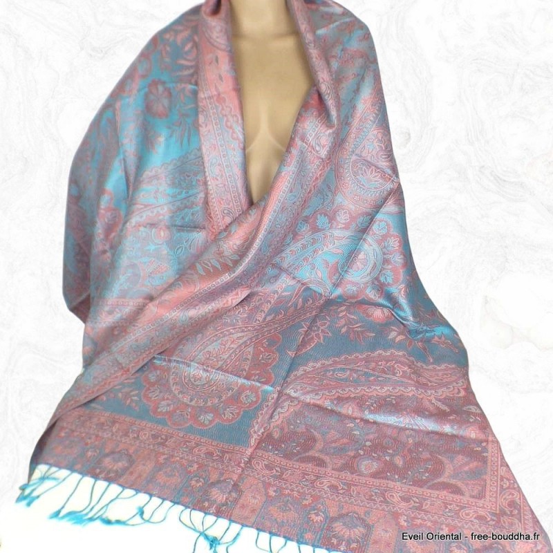 Pashmina soie de mûrier bleu rose 