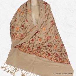 Châle ethnique népalais beige brodé fleurs Pashminas laine et broderies NCT14-a