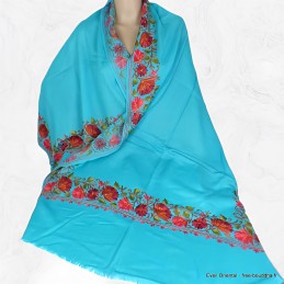 Châle turquoise en laine fine brodée Pashminas laine et broderies NCT18