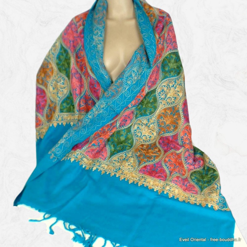 Châle pashmina oriental turquoise Pashminas laine et broderies CBP15