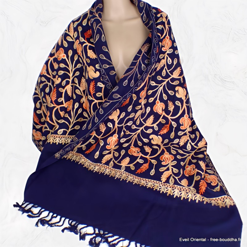 Pashmina oriental bleu nuit brodé Pashminas laine et broderies CBP16