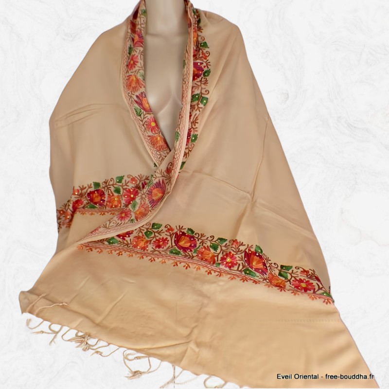 Châle laine beige rosé brodé perles Pashminas laine et broderies LJ30