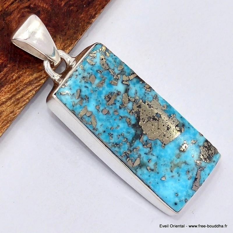 Pendentif rectangulaire Turquoise avec Pyrite Bijoux en Turquoise Iranienne (Nishapur) SK24.1