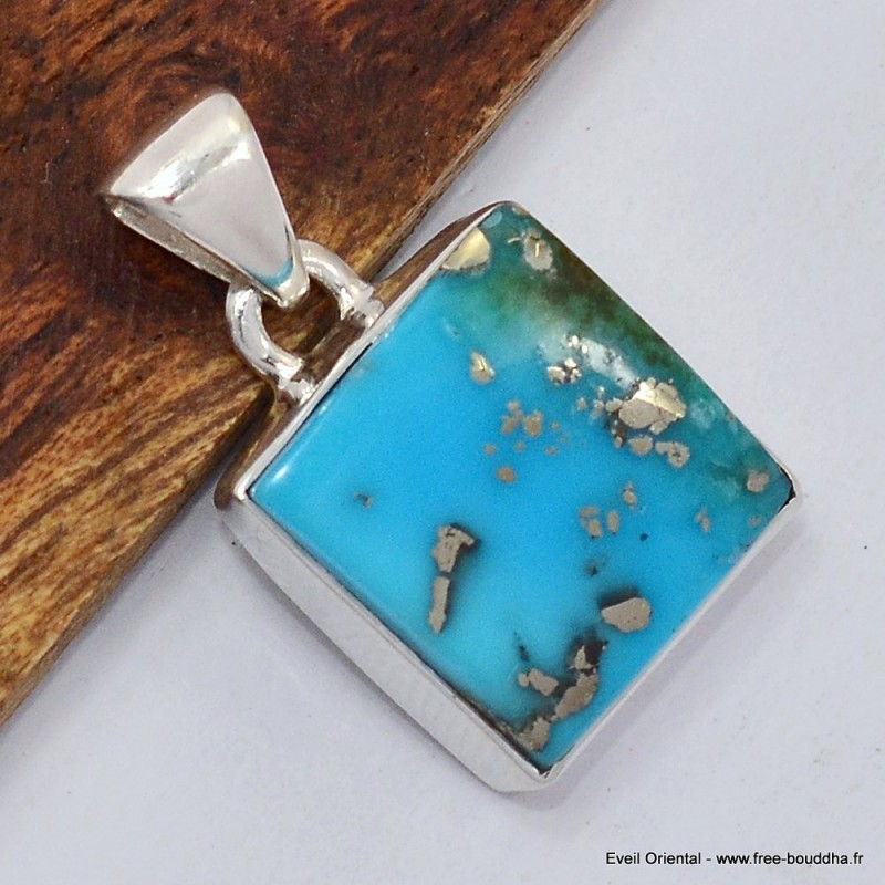 Petit pendentif carré Turquoise avec Pyrite Bijoux en Turquoise Iranienne (Nishapur) SK24.4