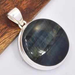 Gros pendentif rond Oeil de Tigre bleu 