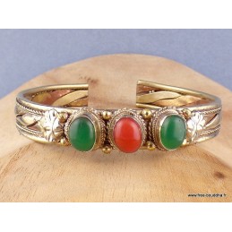 Bracelet tibétain tressé cuivre laiton Corail Onyx vert Bijoux tibetains bouddhistes AST5.5