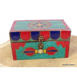Boîte à bijoux en bois sertie de pierres Décoration tibétaine BAT6.5