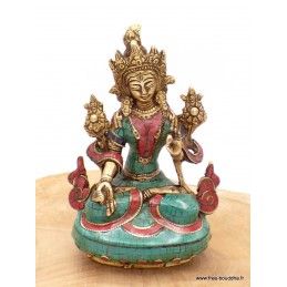 Statue Tara Blanche en laiton et pierres naturelles 15 cm Objets rituels bouddhistes 6048